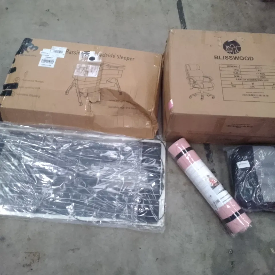 PALLET OF ASSORTED ITEMS INCLUDING BLISSWOOD OFFICE CHAIR, CAR BOOSTER SEAT, YOGA MAT, SOLAR PANEL, BASSINET AND BEDSIDE SLEEPER 