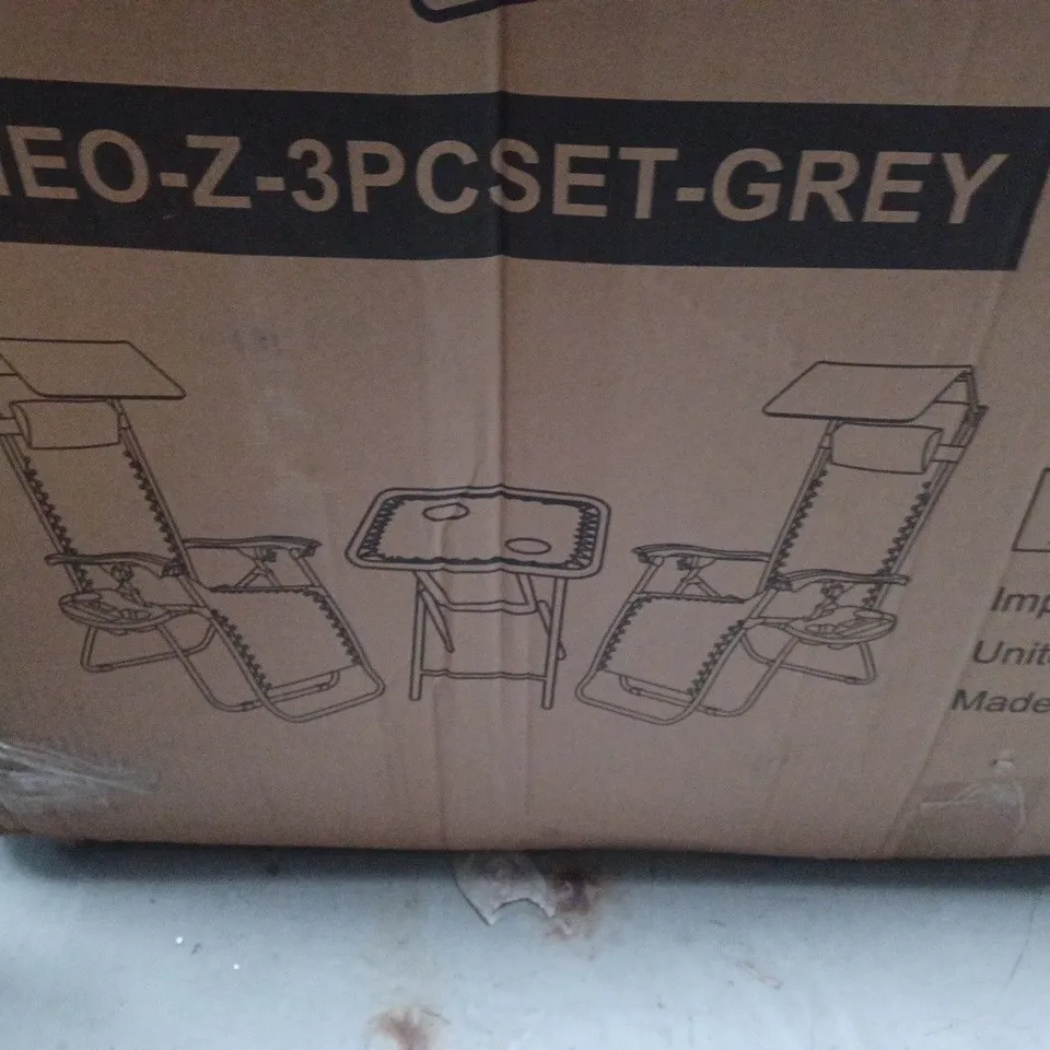 BOXED NEO GREY FOLDING PORTABLE ZERO GRAVITY CHAIRS AND TABLE SET (1 BOX) - COLLECTION ONLY