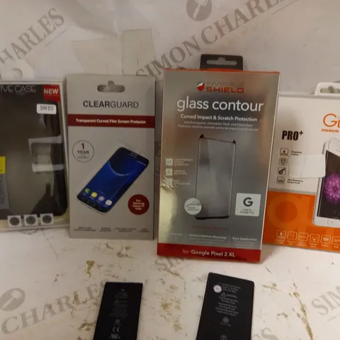 BOX OF APPROX 20 ASSORTED SCREEN PROTECTORS, ASSORTED PHONE BATTERIES AND ASSORTED PHONE CASES