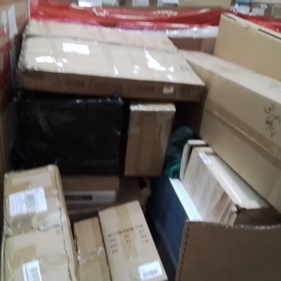 PALLET OF ASSORTED HOUSEHOLD GOODS AND PRODUCTS TO INCLUDE;VACUUM STAND,CEILING FAN WITH LIGHT,AIR FRYER OVEN