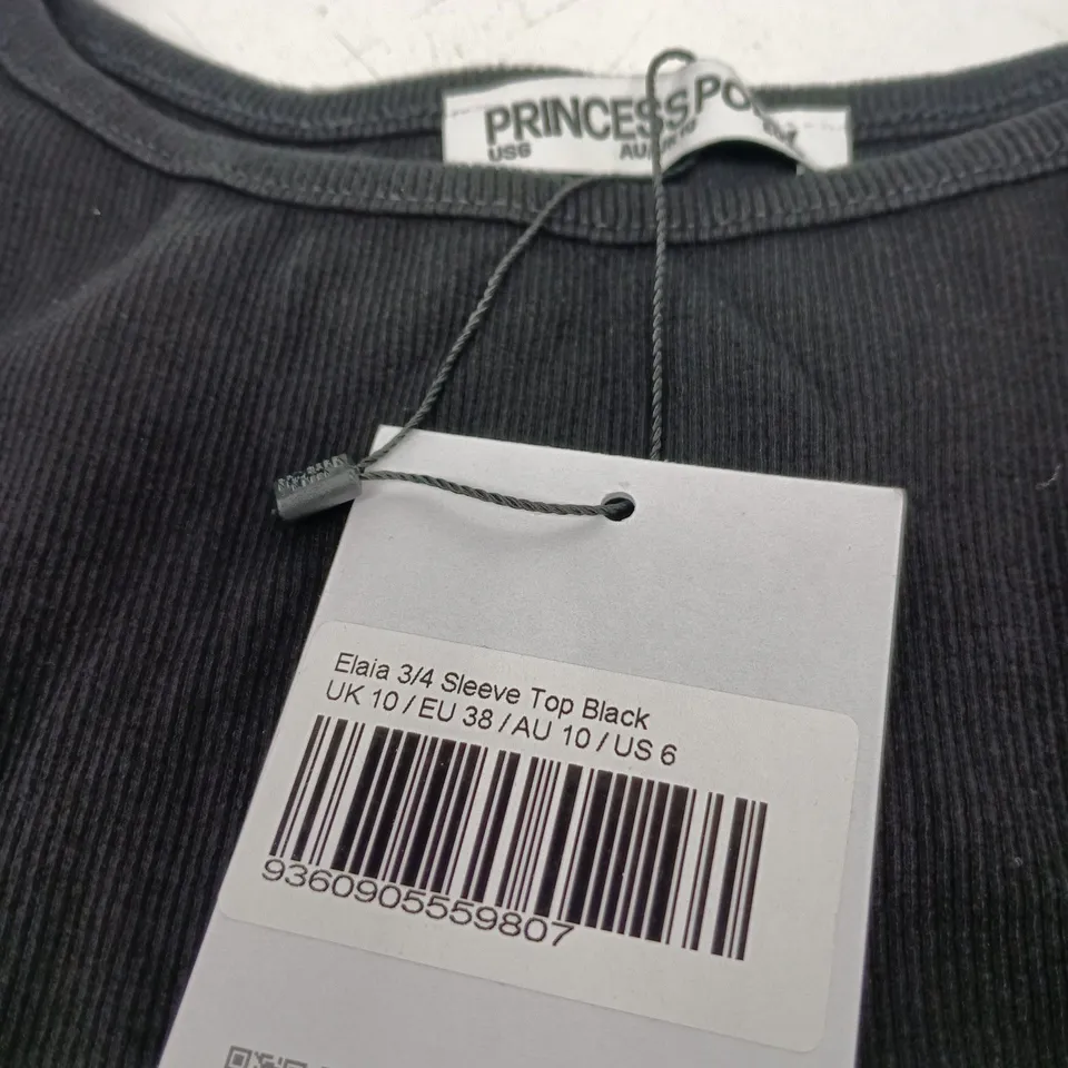 PRINCESS POLLY ELAIA 3/4 SLEEVE TOP – BLACK, UK 10