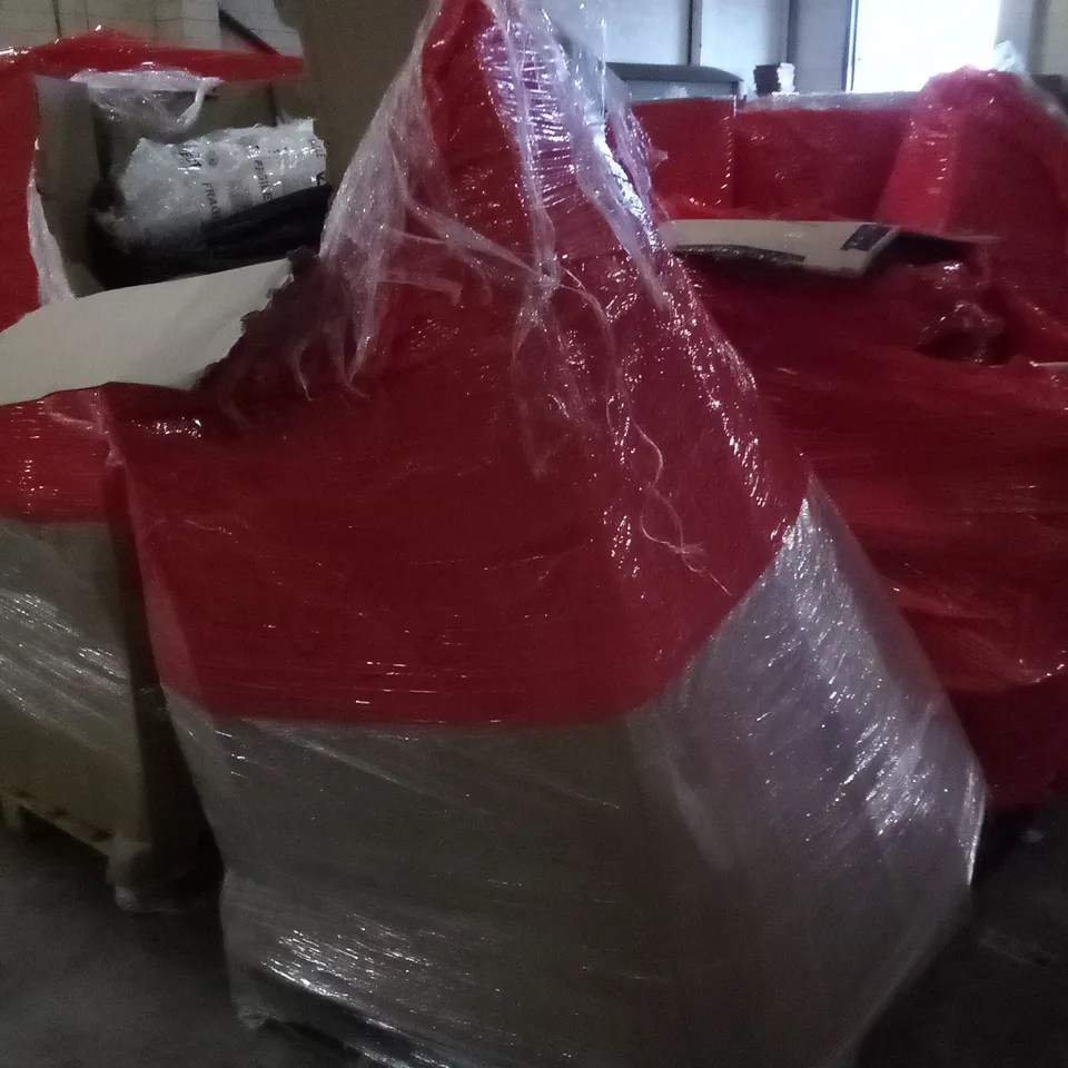 PALLET OF ASSORTED ITEMS INCLUDING AIR BED, SINGLE USE MASK, TONNEAU COVER, PORTABLE WARDROBE 