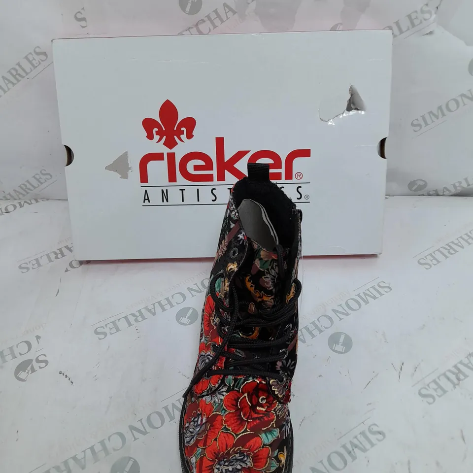 BOXED PAIR OF RIEKER LACE UP BOOTS MULTI/FLORAL PATTERN - SIZE 5