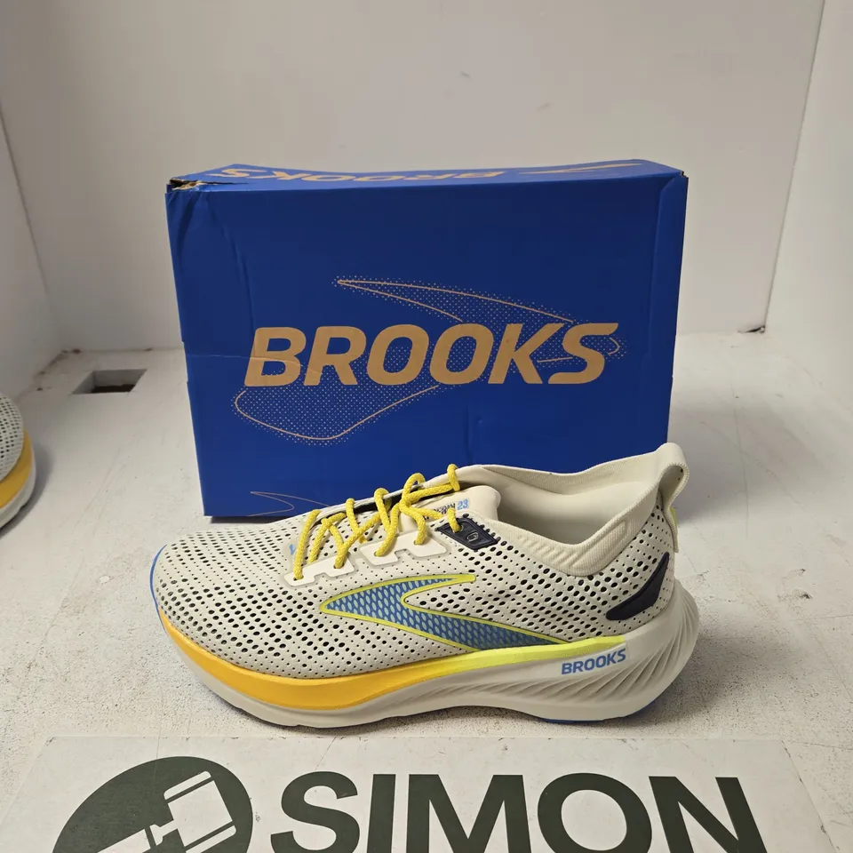 BROOKS RUNNING SHOES – WHITE MESH WITH YELLOW LACES AND BLUE OUTSOLE - UK 10