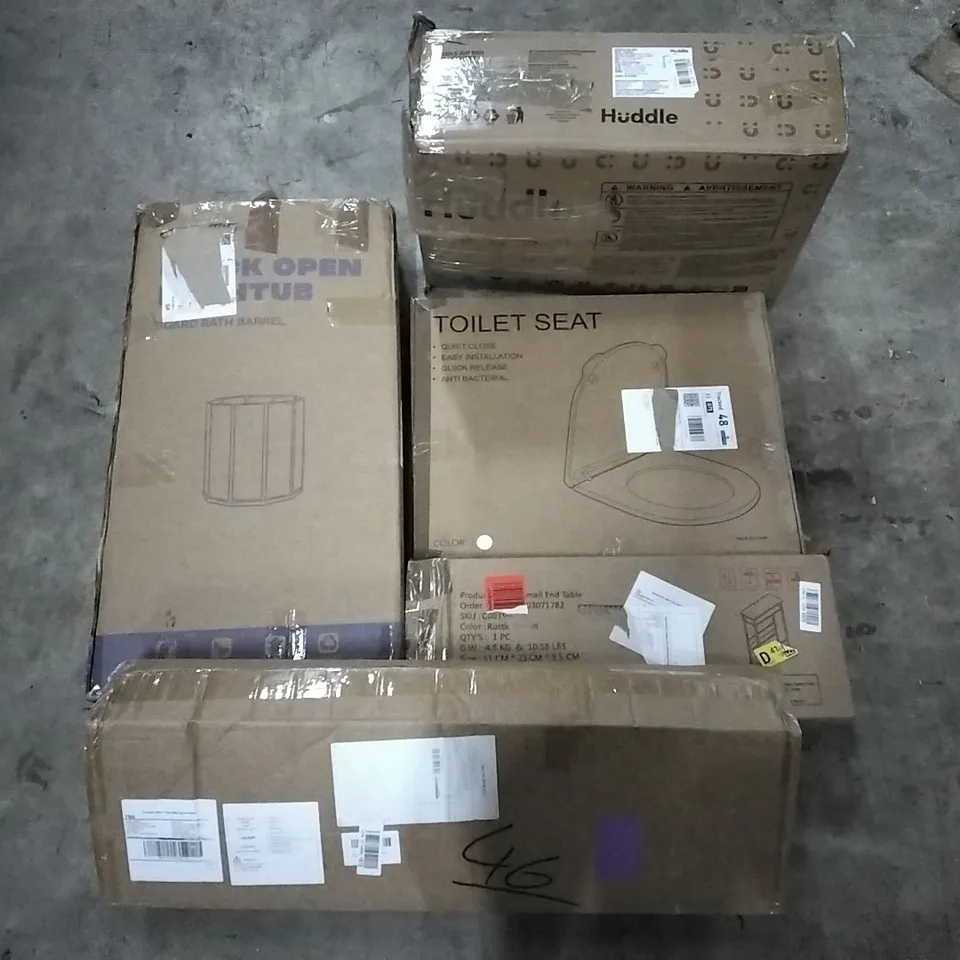 PALLET CONTAINING ASSORTED PRODUCTS INCLUDING TOILET SEAT, CLOTHES AIRER, SMALL END TABLE, HUDDLE AIR BED & BOARD BATH BARREL