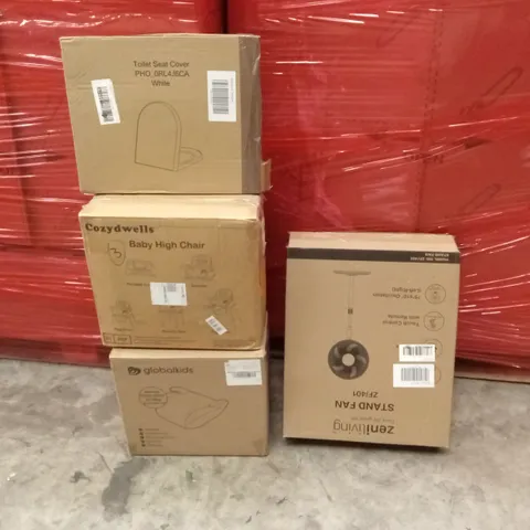 PALLET OF ASSORTED HOUSEHOLD GOODS AND PRODUCTS TO INCLUDE; FOOD PROCESSOR, TOILET SEAT COVER, BOOSTER SEAT, STANDING FAN ETC