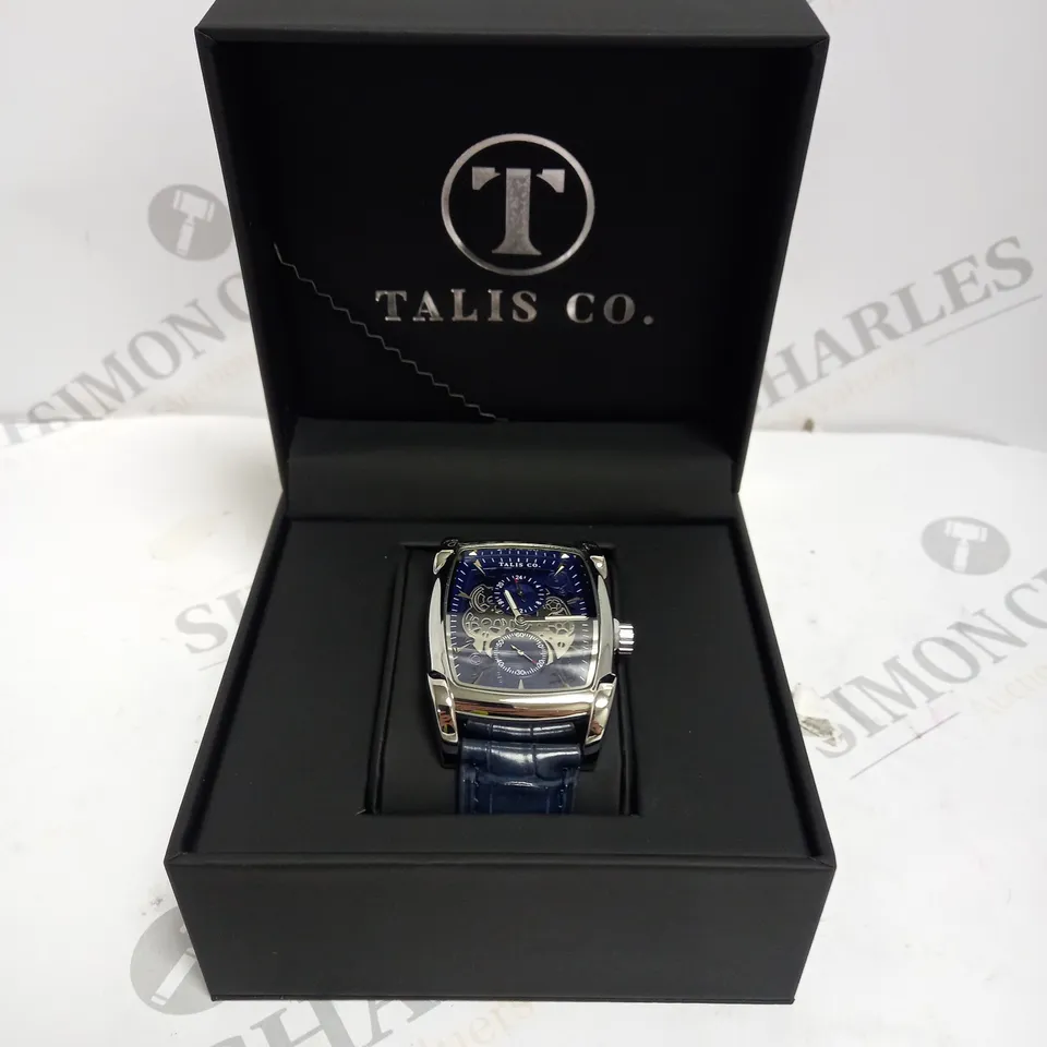 TALIS CO SKELETON DIAL NAVY LEATHER STRAP WATCH
