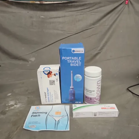 TOTE OF APPROXIMATELY 20 ASSORTED HEALTHCARE PRODUCTS TO INCLUDE COVID SELF TESTS - PORTABLE TRAVEL BIDET AND KNOWN MENOPAUSE SUPPORT SUPPLEMENTS