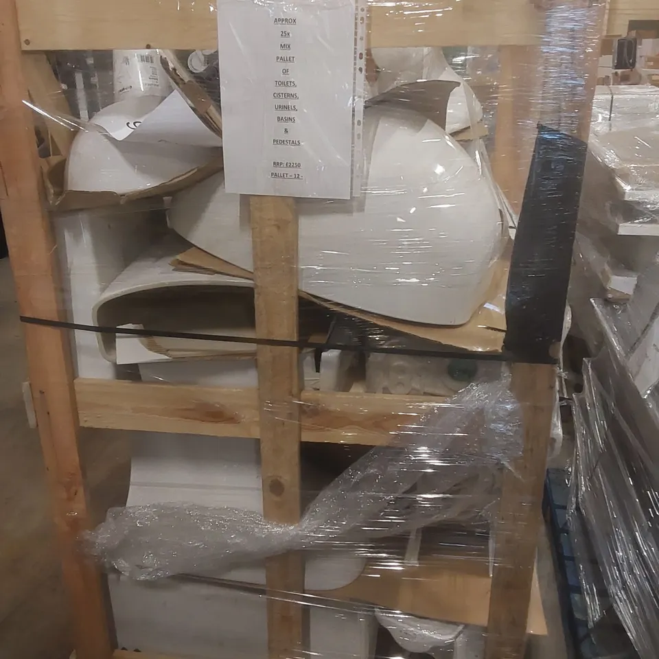 PALLET CONTAINING APPROXIMATELY 25x MIXED TOILETS, CISTERNS, URINALS, BASINS & PEDESTALS