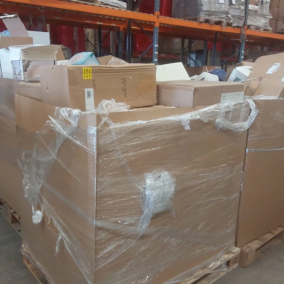 PALLET CONTAINING A VERY LARGE QUANTITY OF ASSORTED DESIGNER LIGHTING PRODUCTS INCLUDING: SANDI TABLE LAMPS, ELODIE CEILING CLUSTER, GEORGIE FLOOR LAMP ECT