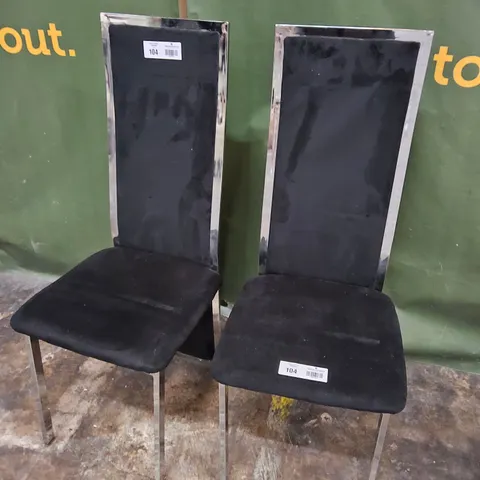 PAIR OF CHROME FRAMED HIGH BACK DINING CHAIRS PLUSH BLACK FABRIC