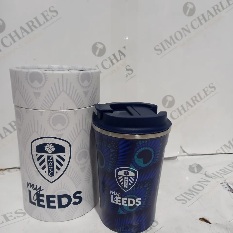 BOXED MY LEEDS FOOTBALL COLLECTABLE TRAVEL CUP WITH AUDIO CHANCE IN BOX LID 