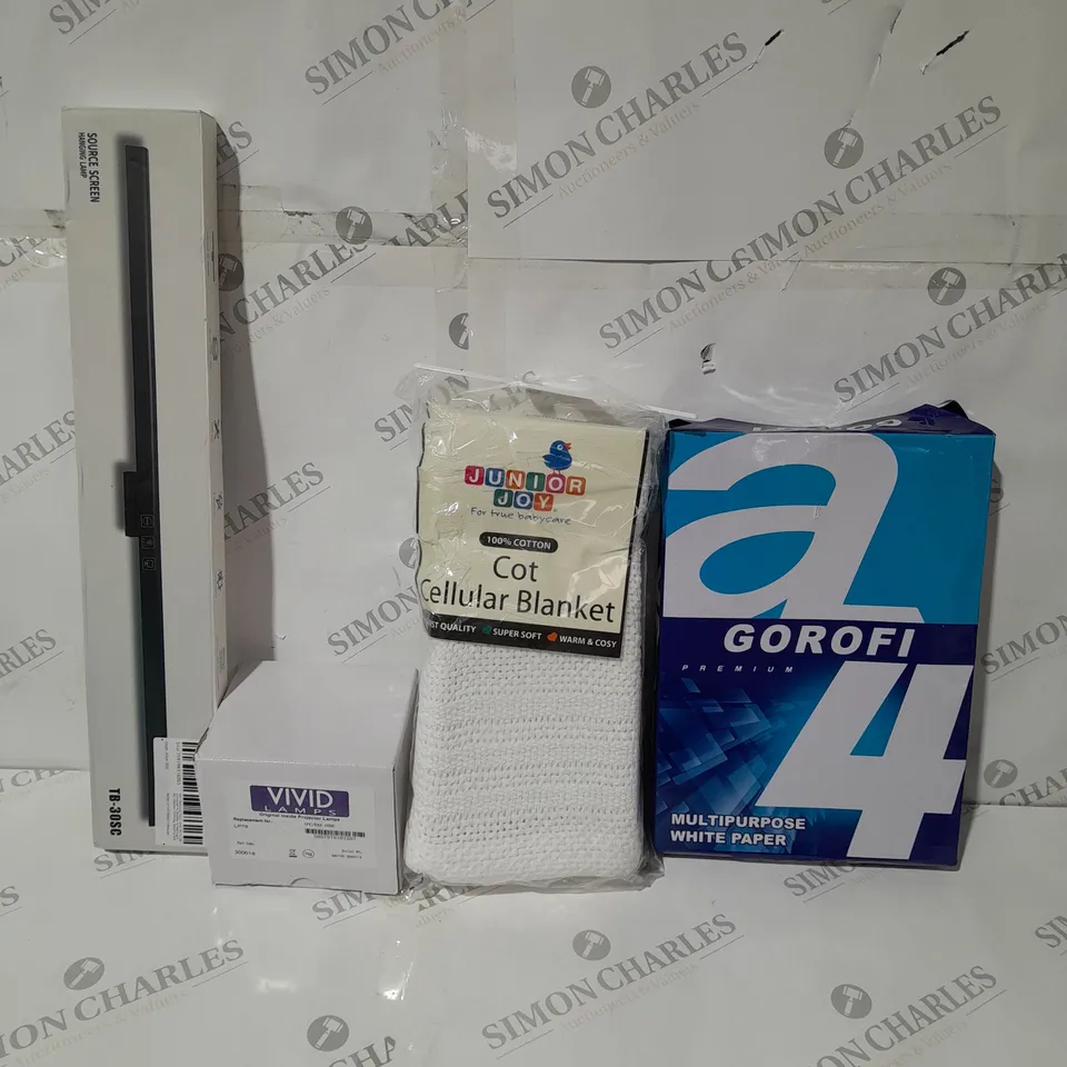 APPROXIMATELY 15 ASSORTED ITEMS TO INCLUDE - GOROFI A4 PAPER - COT CELLULAR - SOURCE SCREEN HANGING LAMP ECT 