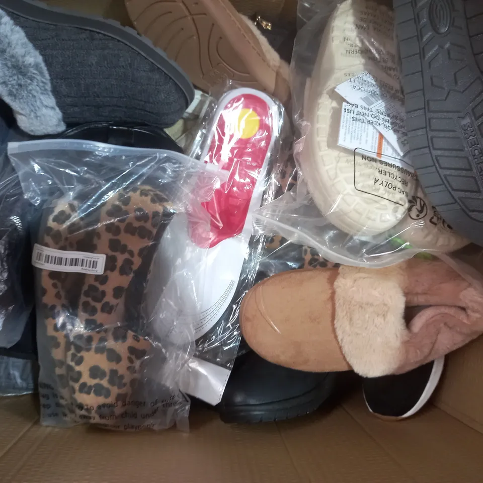 BOX OF APPROXIMATELY 15 ASSORTED PAIRS OF SHOES AND FOOTWEAR ITEMS IN VARIOUS STYLES AND SIZES TO INCLUDE HUSH, THE SLIPPER COMPANY, LAKELAND, ETC