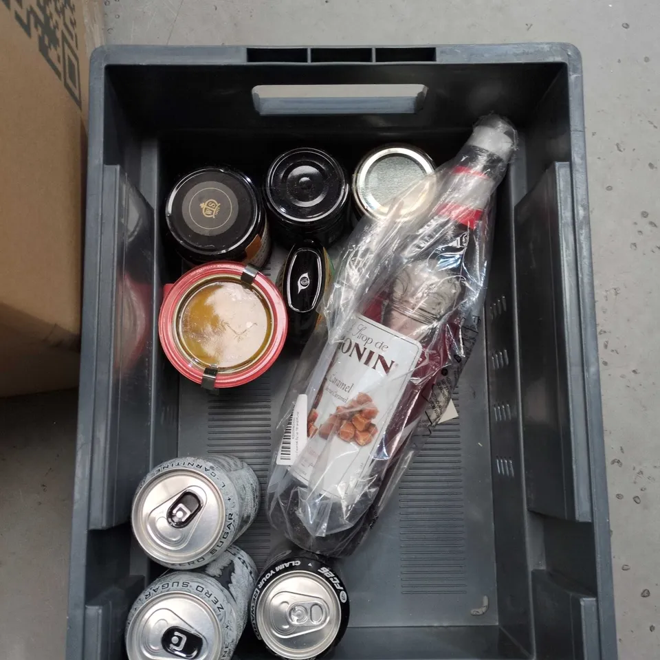 APPROXIMATELY 10 ASSORTED FOOD AND DRINK ITEMS TO INCLUDE MONSTER ENERGY DRINKS, ORGANIC EXTRA VIRGIN OLIVE OIL AND PEPSI MAX CANS