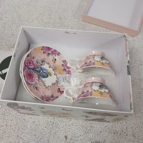 LONDON BOUTIQUE FLORAL TEACUP & SAUCER SET (2 CUPS + SAUCER) – PINK BOXED
