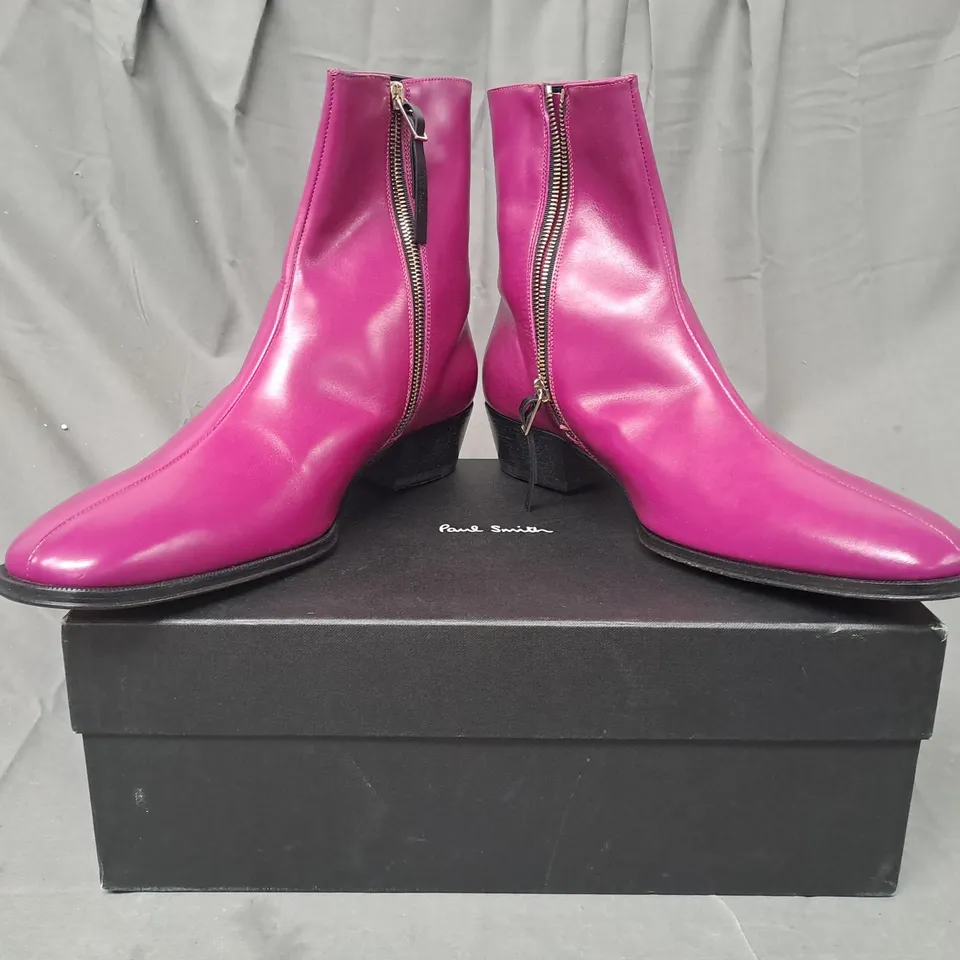 BOXED PAIR OF PAUL SMITH SIDE-ZIP ANKLE BOOTS IN PURPLE SIZE 10