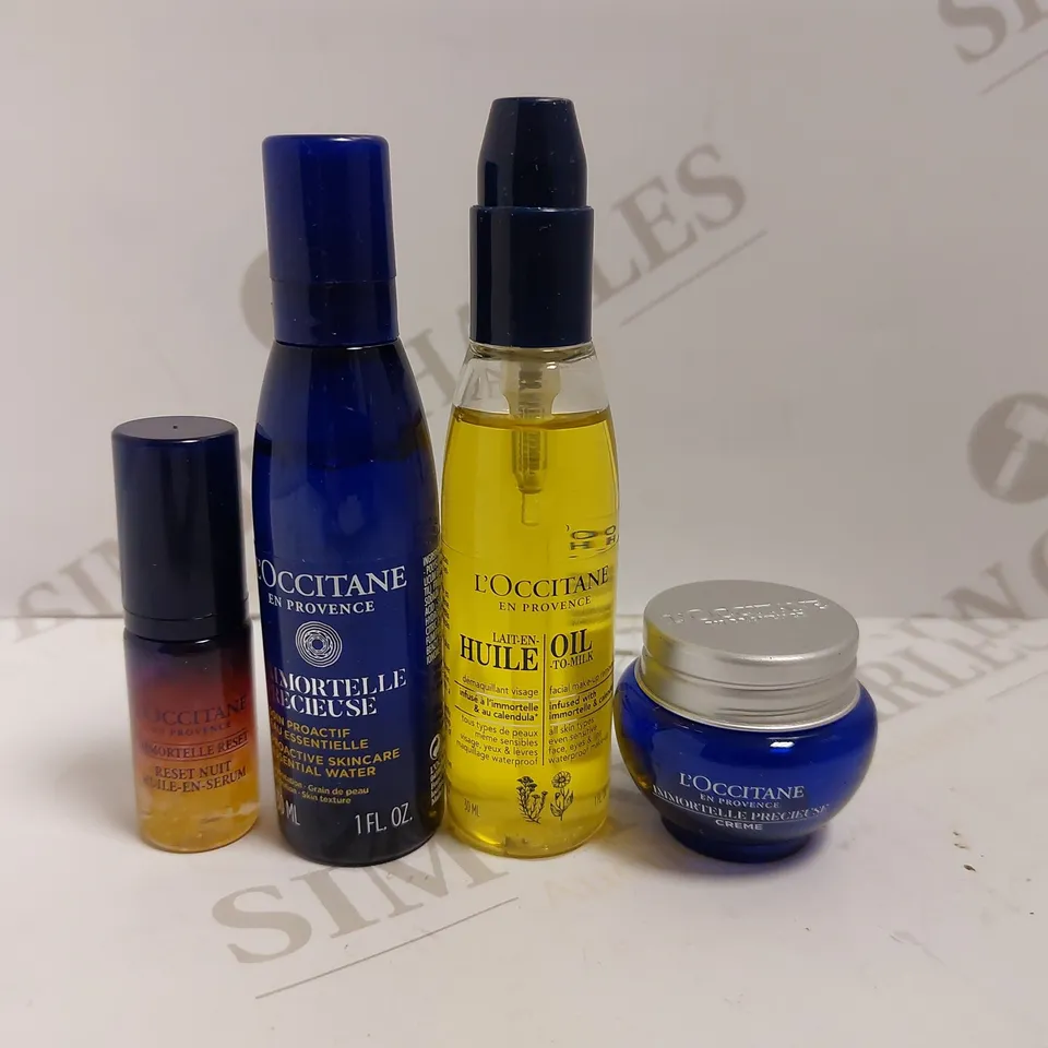 BOX OF 4 L`OCCITANE ITEMS TO INCLUDE MAKE-UP REMOVER, ESSENTIAL WATER AND SERUM