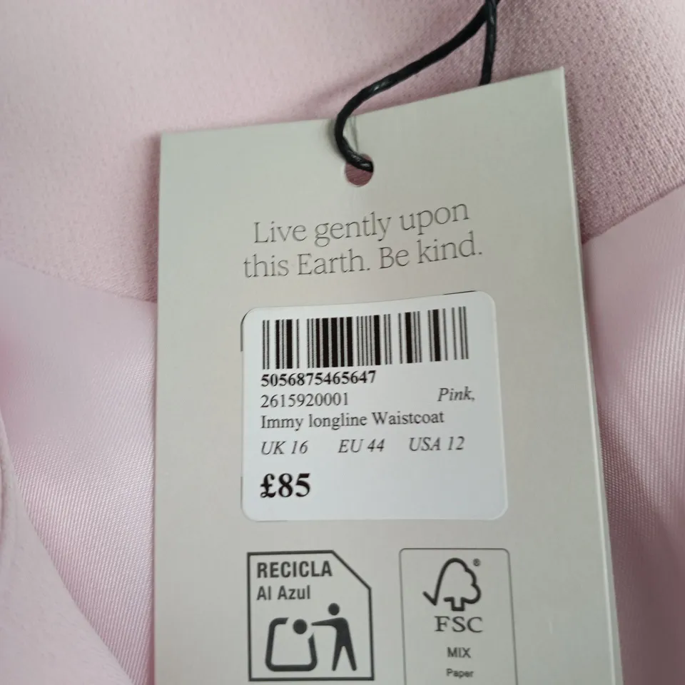 NOBODY'S CHILD IMMY LONGLINE WAISTCOAT – PINK, UK 16 (EU 44, USA 12)