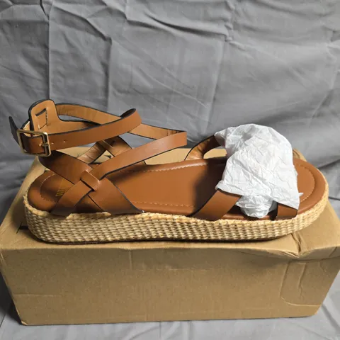 BOXED PAIR OF WHERES THAT FROM TAN SANDALS - UK SIZE 8