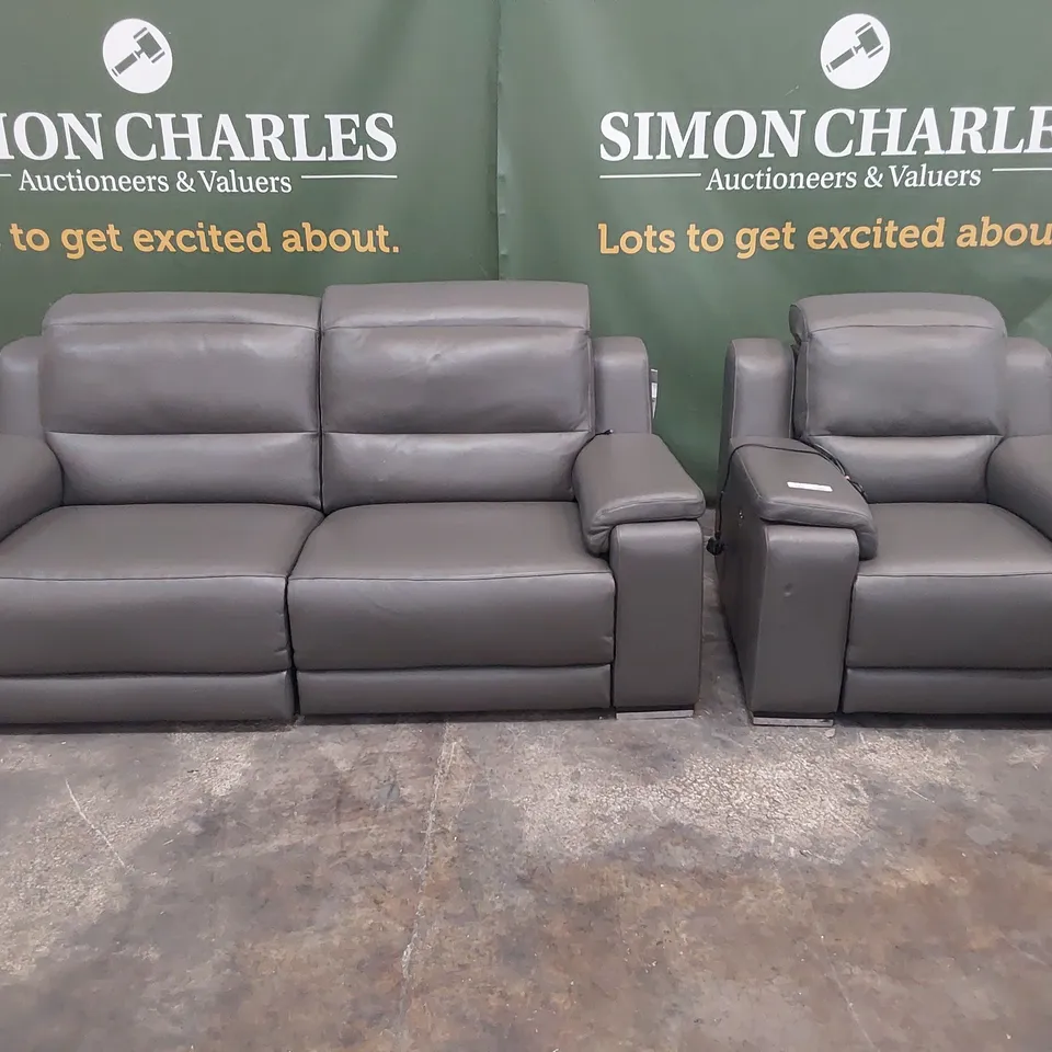 QUALITY ITALIAN DESIGNER POWER RECLINING LOUNGE SUITE WITH ADJUSTABLE HEADRESTS COMPRISING, THREE SEATER SOFA & EASY CHAIR IN GREY LEATHER 
