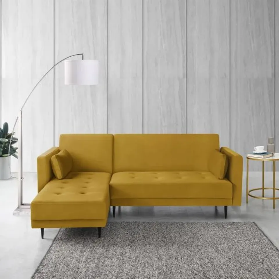 BOXED ROKOKO SELASSI VELVET 3 SEATER CORNER SOFA BED - MUSTARD YELLOW (2 BOXES)