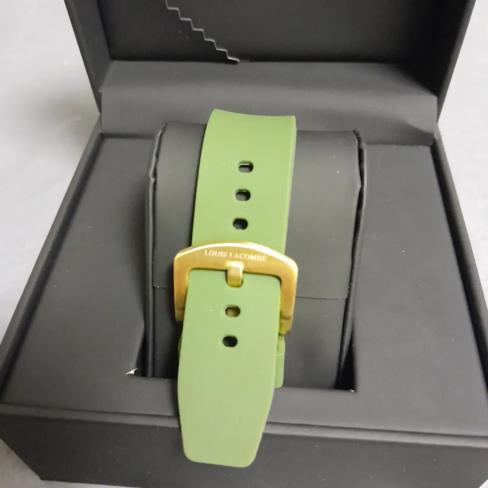 MENS LOUIS LACOMBE CHRONGRAPH WATCH WITH 3 SUB DIALS GOLD COLOUR CASE AND GREEN RUBBER STRAP