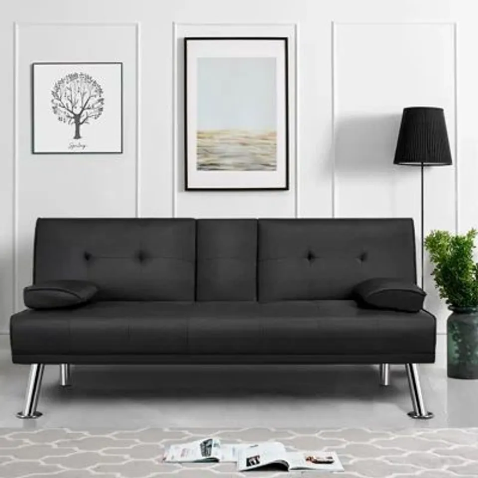 BOXED YAHEETECH FABRIC CONVERTIBLE SOFA BED WITH ADJUSTABLE BACKREST - BLACK (1 BOX)