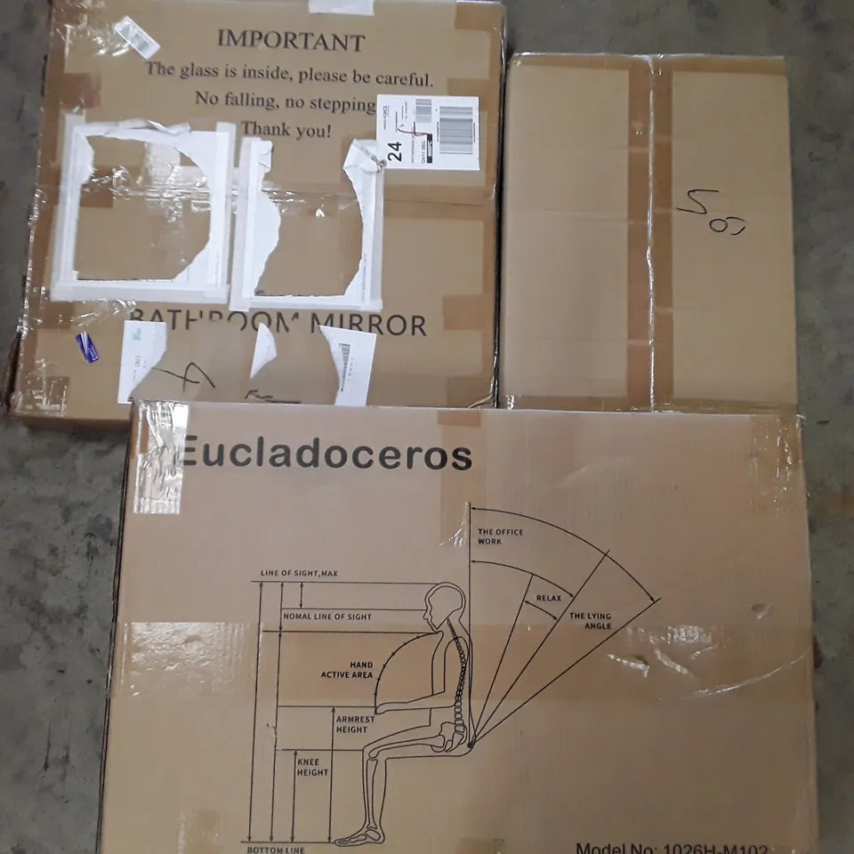 PALLET TO CONTAIN AN ASSORTMENT OF HOUSEHOLD ITEMS TO INCLUDE MIRRORS, GARDEN FENCING,  PULL OUT CABIN AND OFFICE CHAIR ECT