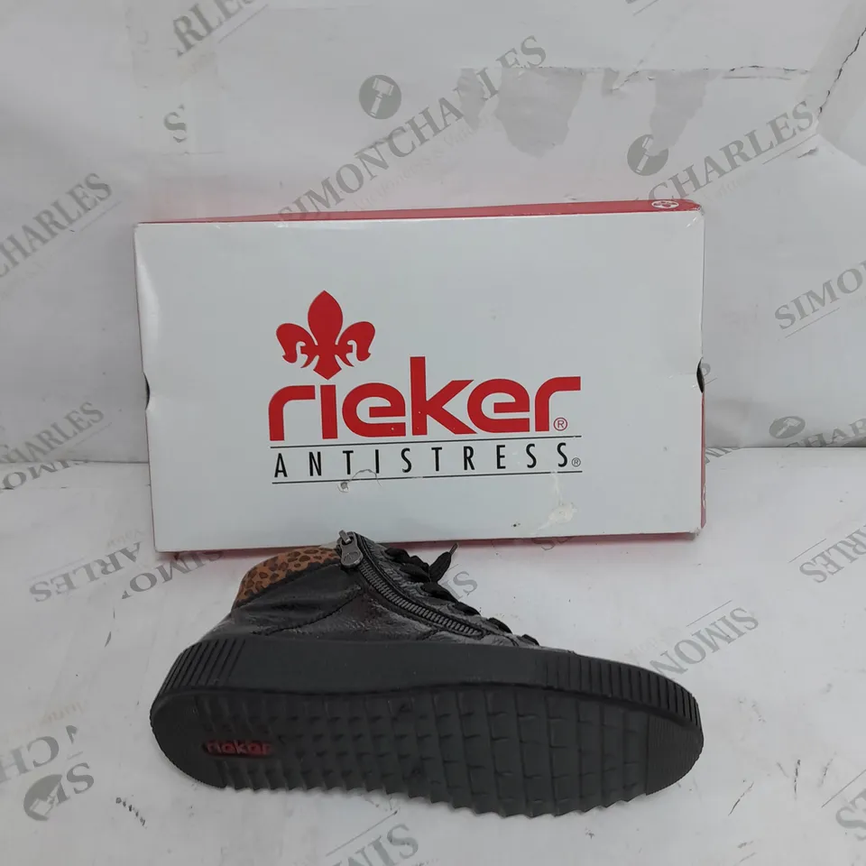 BOXED PAIR OF RIEKER HIGH TOP LEOPARD CUFF TRAINERS BLACK SIZE 5