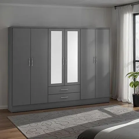 BOXED NEVADA 6 DOOR 2 DRAWER MIRRORED WARDROBE IN 3D EFFECT GREY FINISH (4 BOXES)