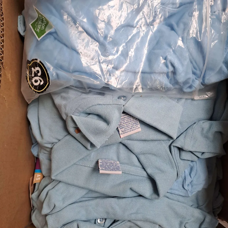 BOX OF APPROXIMATELY 60 ASSORTED SCHOOL POLO SHIRTS IN BLUE VARIOUS SIZES