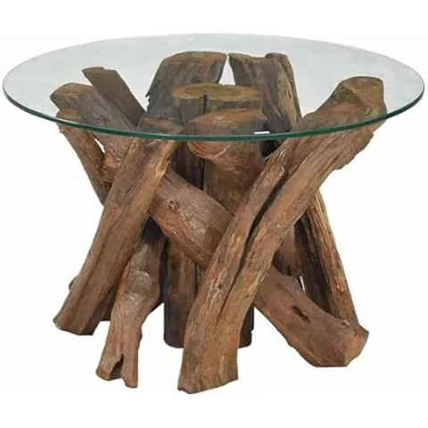BOXED HOMESDIRECT365 TEAK ROOT GLASS TOP SIDE TABLE (2 ITEMS)