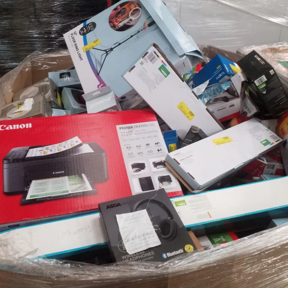 PALLET CONTAINING ASSORTED ELECTRICAL RETURNS INCLUDING CANON PIXMA PRINTER, HP DESKJET2810E PRINTER, HEADPHONES, AERIAL, POLAROID 25W COMPACT SOUNDBAR & FIRE TV STICK