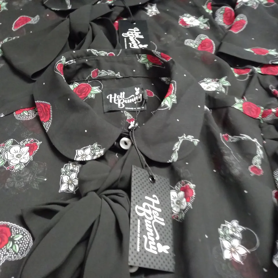 LOT OF 4 HELL BUNNY ROSE PRINT BLACK SHIRTS - VARIOUS SIZES