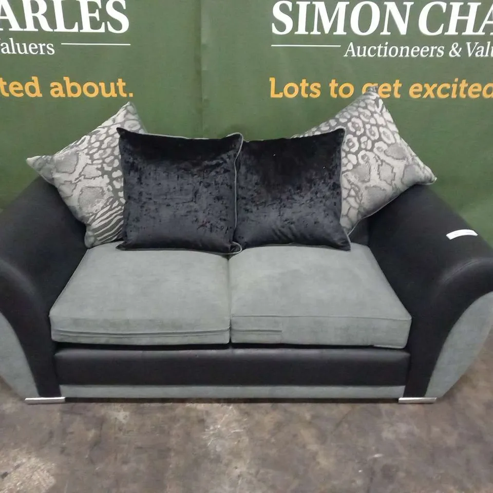 DESIGNER BLACK SUEDE EFFECT AND GREY FABRIC TWO SEATER SOFA WITH SCATTER CUSHIONS