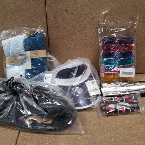 BOX CONTAINING ASSORTED CLOTHING & ACCESSORIES INCLUDING RETRO STYLE VISORS, PLASTIC GLASSES, FLUFFY SOCKS & NECKLACES