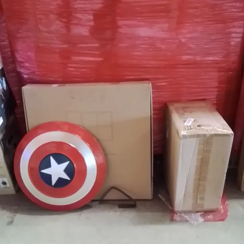 PALLET OF ASSORTED HOUSEHOLD GOODS AND PRODUCTS TO INCLUDE;FOAM PUZZLE MAT,CAPTAIN AMERICA SHIELD,RIDE ON SUITCASE 