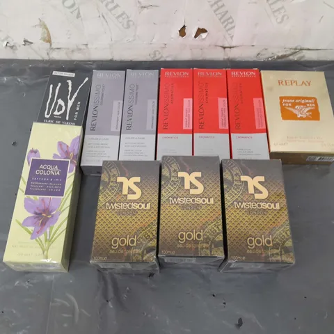 APPROXIMATELY 8 ASSORTED COSMETIC PRODUCTS TO INCLUDE AFTER SHAVE ULRIC DE VARENS, ACQUA COLONA SAFFRON & IRIS, AND REVLON CROMATICS ETC.