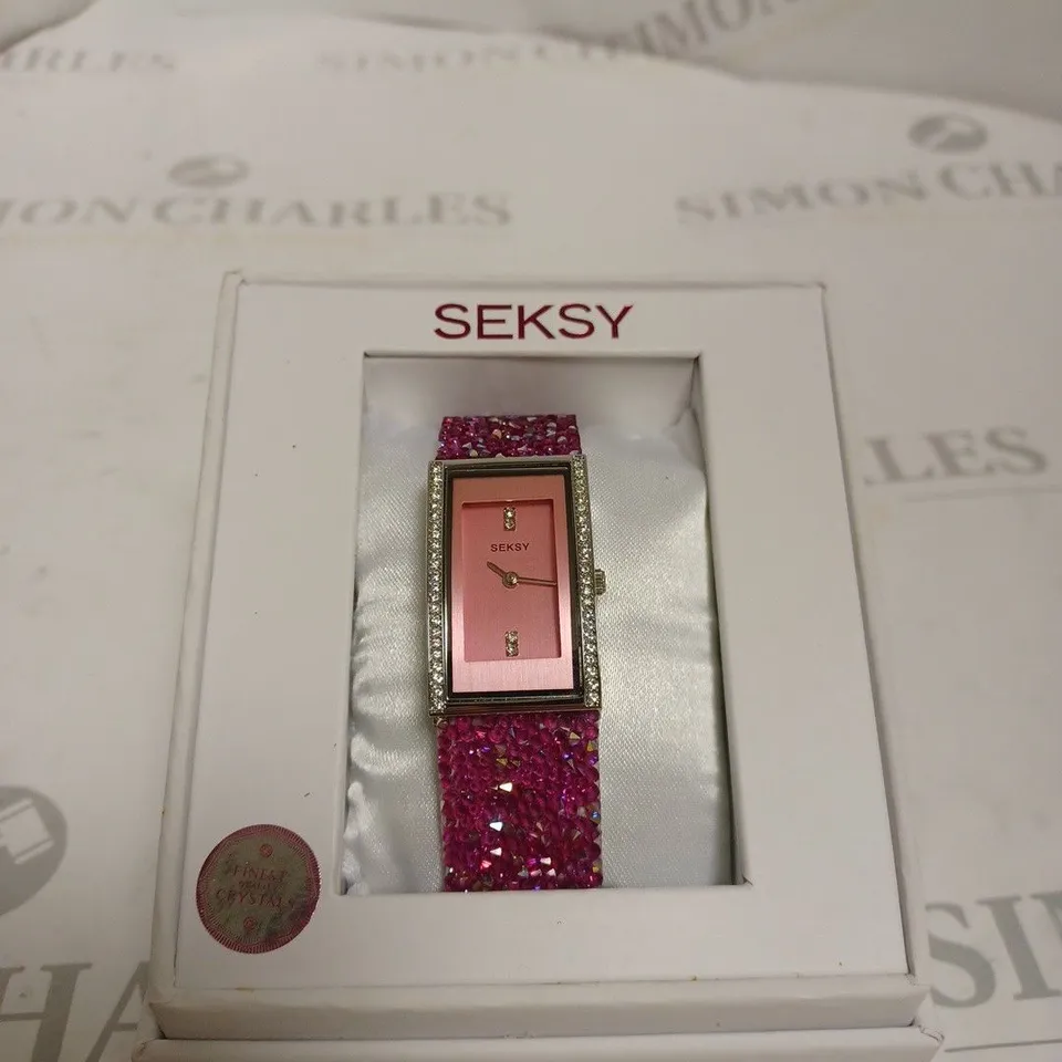 BOXED SEKSY WOMENS PINK CRYSTAL SQUARE WATCH - PINK & SILVER