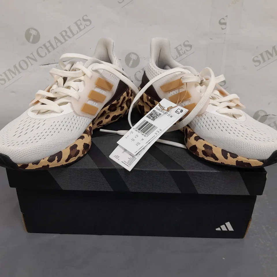 BOXED PAIR OF ADIDAS PUREBOOST 23 SHOES IN WHITE/TAN/ANIMAL PRINT UK SIZE 3.5