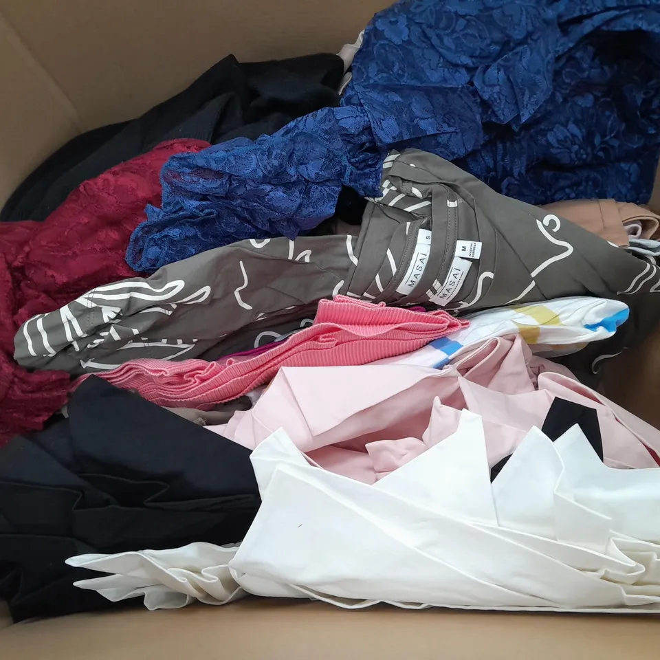 LARGE BOX OF ASSORTED CLOTHING ITEMS TOO INCLUDE TOPS , TROUSERS AND JUMPERS COMING IN DIFFERENT COLOURS AND SIZES 
