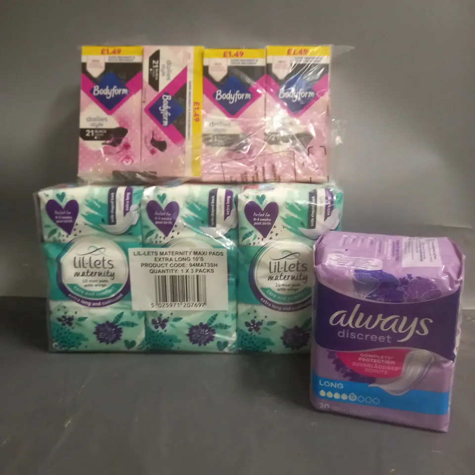 APPROXIMATELY 12 PACKS OF FEMININE HYGIENE AND INCONTINENCE PADS
