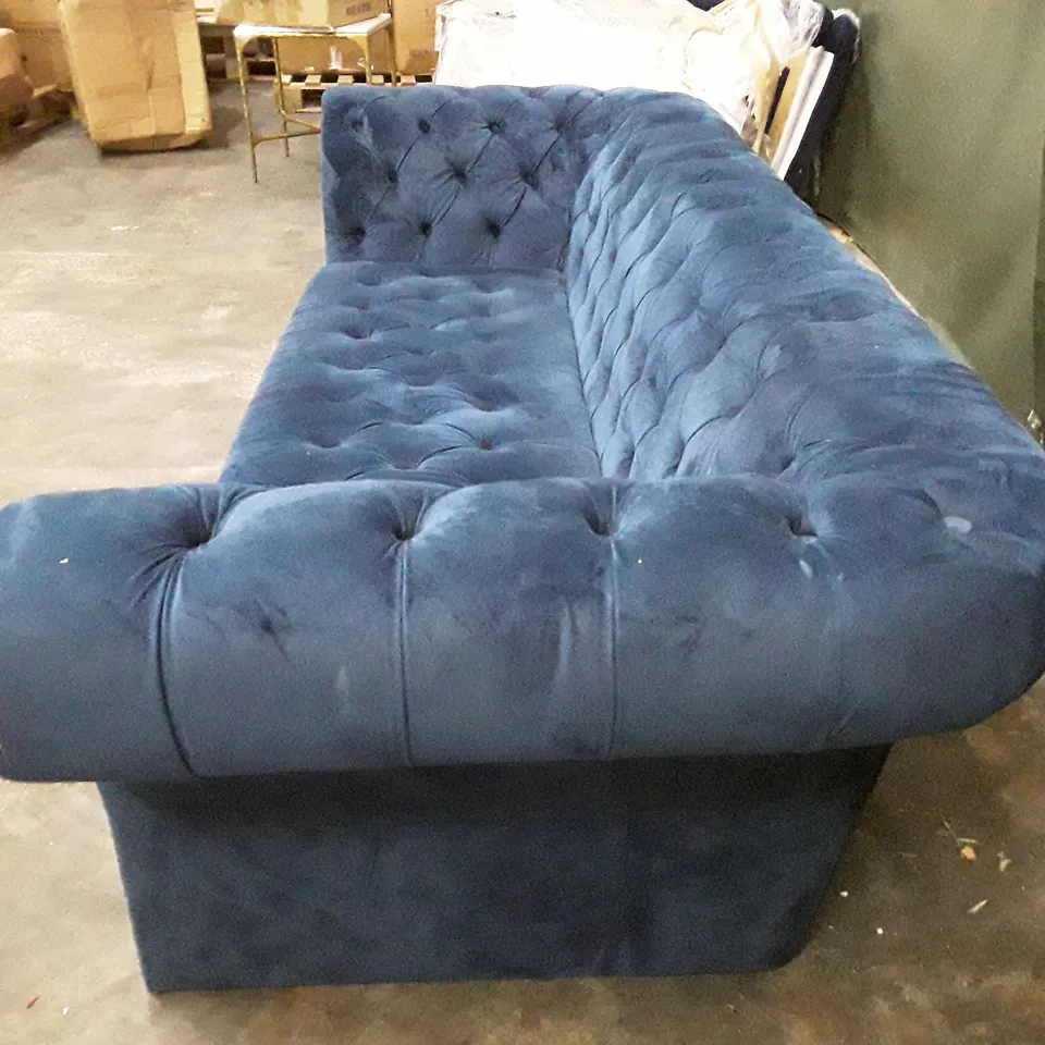 QUALITY DESIGNER MERCER 215CM VELVET SCROLL ARM CHESTERFIELD SOFA - BLUE VELVET FABRIC