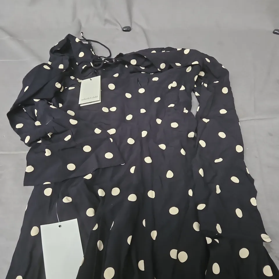 NOBODY'S CHILD PARIS MINI DRESS – BLACK WITH CREAM POLKA DOTS, UK 8