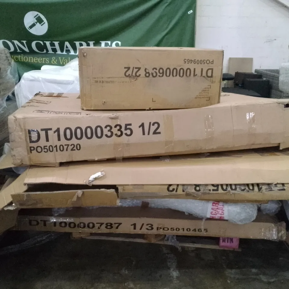 PALLET OF ASSORTED FLAT PACK DINING TABLE PARTS 