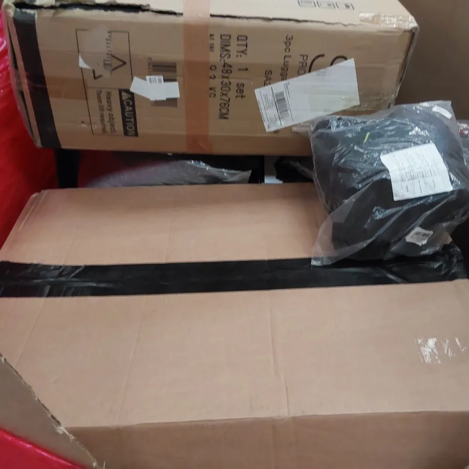 PALLET OF ASSORTED ITEMS INCLUDING: DRAWER CABINET, ELECTRICAL PATIO HEATER, SMART HEATER, SOUNDBOARD, FABRIC WARDROBE 