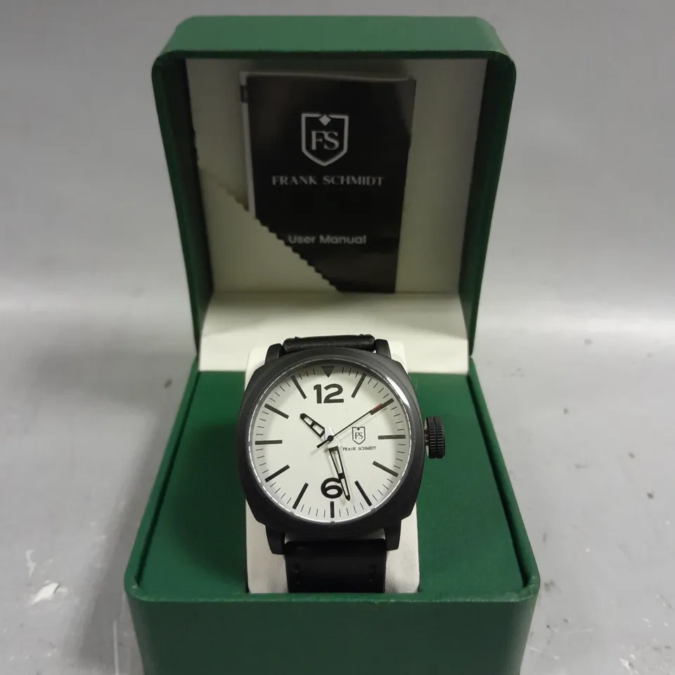 BOXED FRANK SCHMIDT LARGE BLACK CASE WHITE PILOT DIAL WATCH