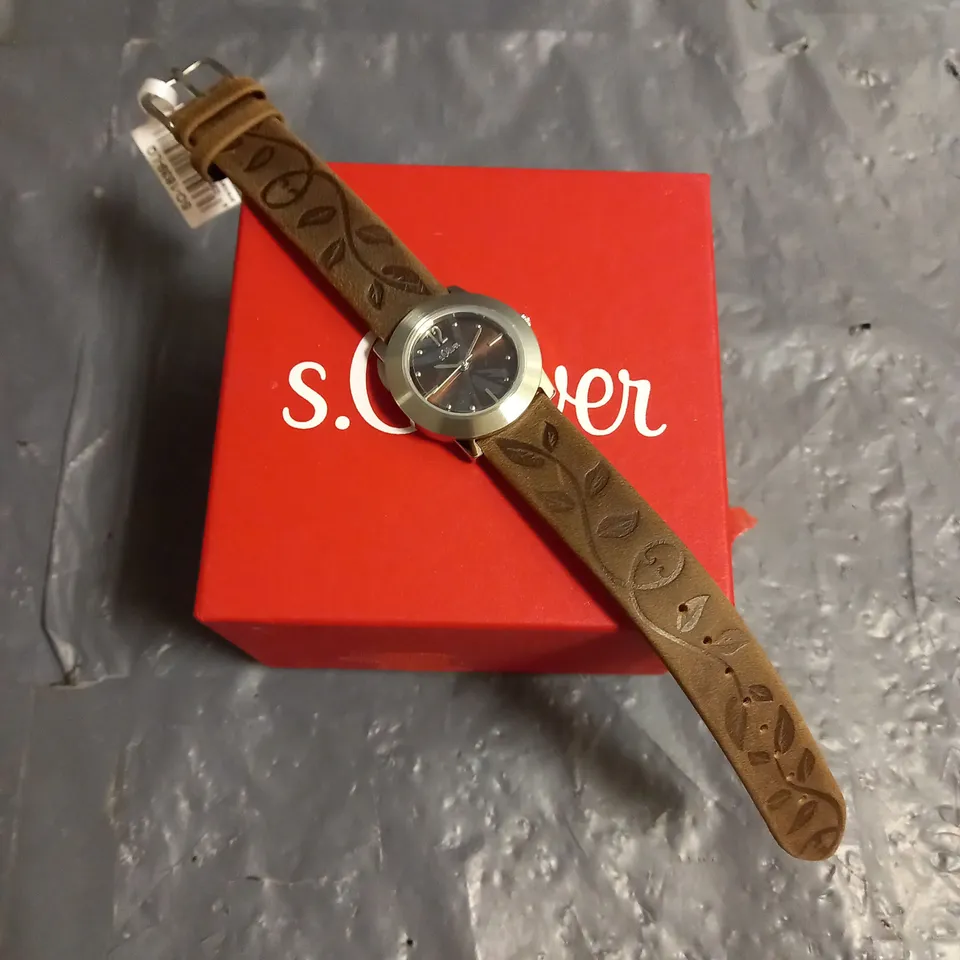 BOXED S.OLIVER STAINLES STEEL LEATHER STRAP WATCH IN BROWN LEAF