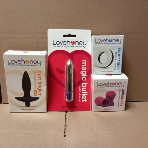 LOT OF 4 SEALED LOVEHONEY ADULT PLEASURE ITEMS TO INCLUDE NIPPLE SUCKERS, C*CK RING AND MAGIC BULLET